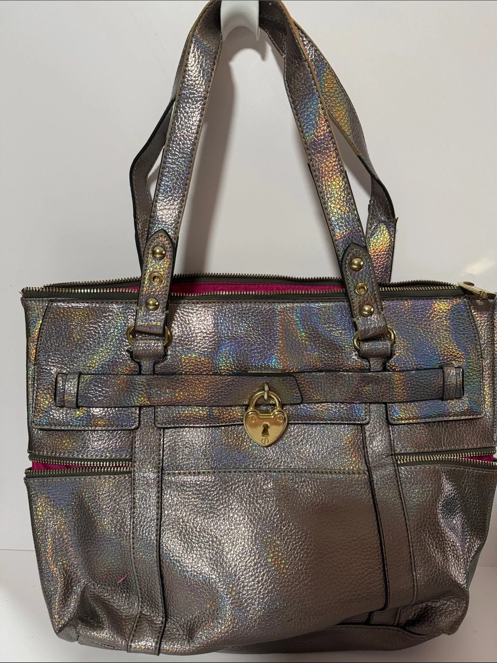 Juicy Couture Iridescent Metallic Tote in Silver with Pink Accent